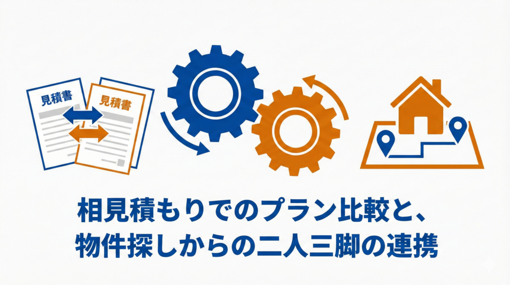リノベーション業者との連携プロセスを示す図解。見積書の比較、協力体制を表す歯車、物件探しを表す地図と家のアイコン。「相見積もりでのプラン比較と、物件探しからの二人三脚の連携」という解説テキスト。