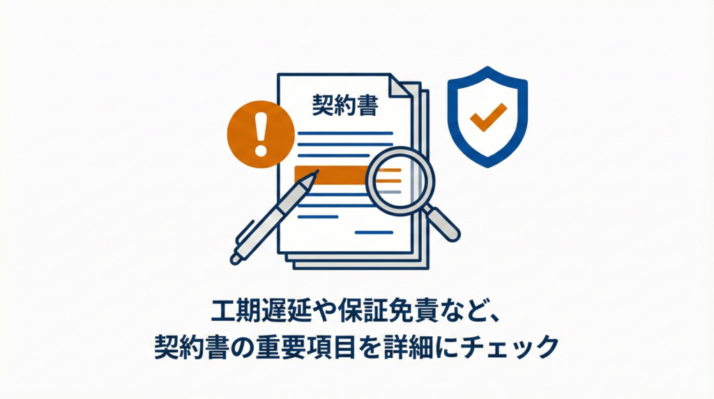 リノベーション契約書の重要チェックポイントを示す図解。契約書を虫眼鏡で詳細に確認する様子と、注意を促すマーク、保証を守る盾のアイコン。「工期遅延や保証免責など、契約書の重要項目を詳細にチェック」という解説テキスト入り。