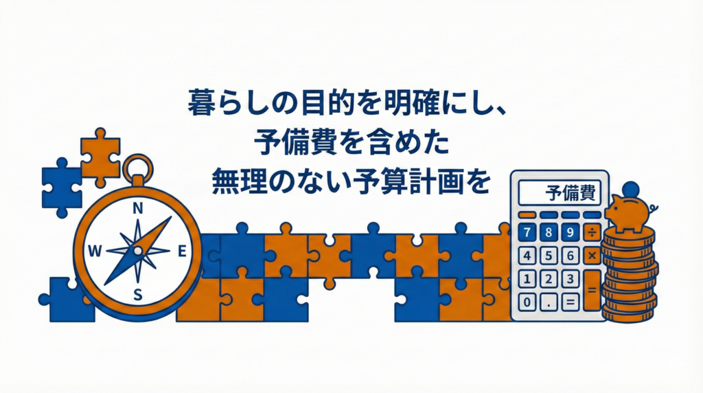 リノベーションの目的と予算設定のバランスを示す図解。指針となるコンパス、予算計算を表す電卓と貯金箱、パズルのイラスト。「暮らしの目的を明確にし、予備費を含めた無理のない予算計画を」という解説テキスト。