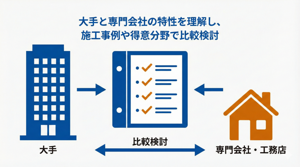大手と専門会社（工務店）の特性を理解し、施工事例や得意分野で比較検討する流れ