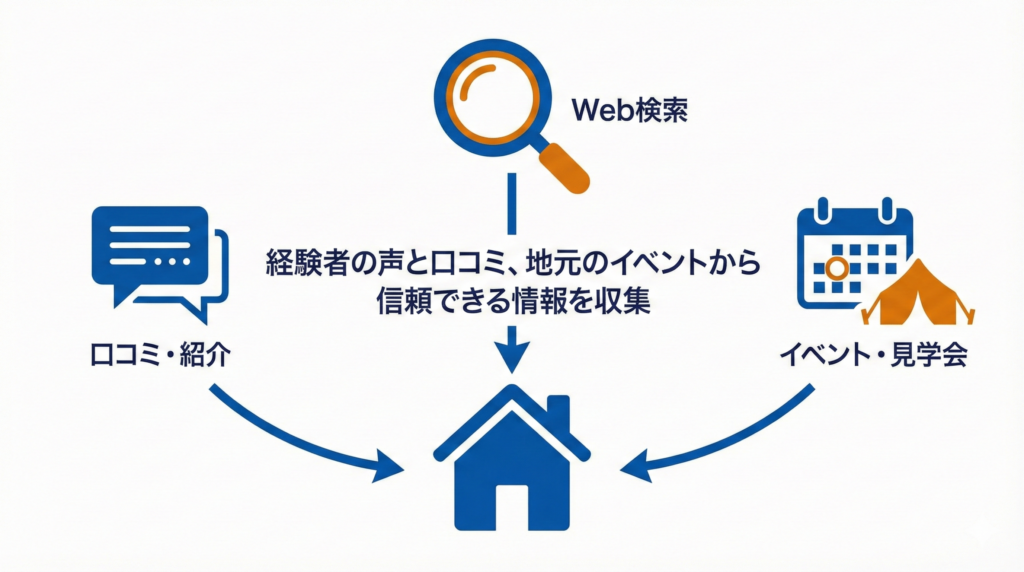 Web検索、口コミ・紹介、イベント・見学会の3つのルートから、経験者の声や地元のイベントを通じて信頼できる住宅情報を収集する流れを示した図解