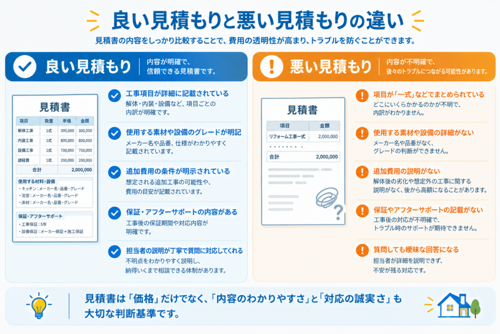 良い見積もりと悪い見積もりの違いを比較した図解。工事項目や使用する材料・設備の仕様、追加費用の条件、保証・アフターサポートの記載、担当者の説明や対応を確認し、価格だけでなく見積もりの明確さと信頼性でリフォーム・リノベーション会社を選ぶポイントを解説。
