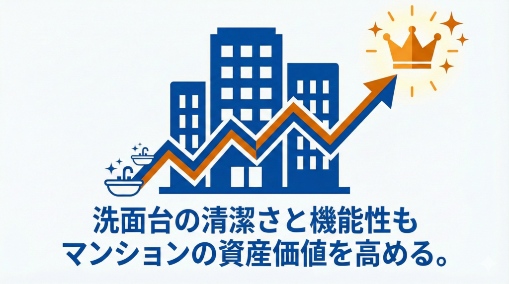 洗面台リフォームがマンションの資産価値を高めることを示す図解。「洗面台の清潔さと機能性もマンションの資産価値を高める。」と記載。