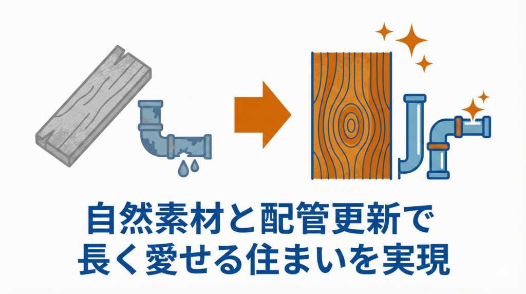 マンションリノベーションの施工品質図解：劣化した建材と配管が、美しい自然素材と新品の配管へ生まれ変わる様子。『自然素材と配管更新で長く愛せる住まいを実現』のテキスト。