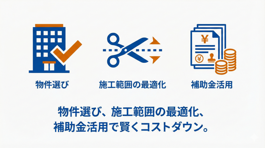 スケルトンリノベーション費用を抑えるポイントを示す図解。チェックマークのついたマンション(物件選び)、点線を切るハサミ(施工範囲の最適化)、書類と硬貨(補助金活用)のイラストと共に、「物件選び、施工範囲の最適化、補助金活用で賢くコストダウン。」というテキストが記載されています。