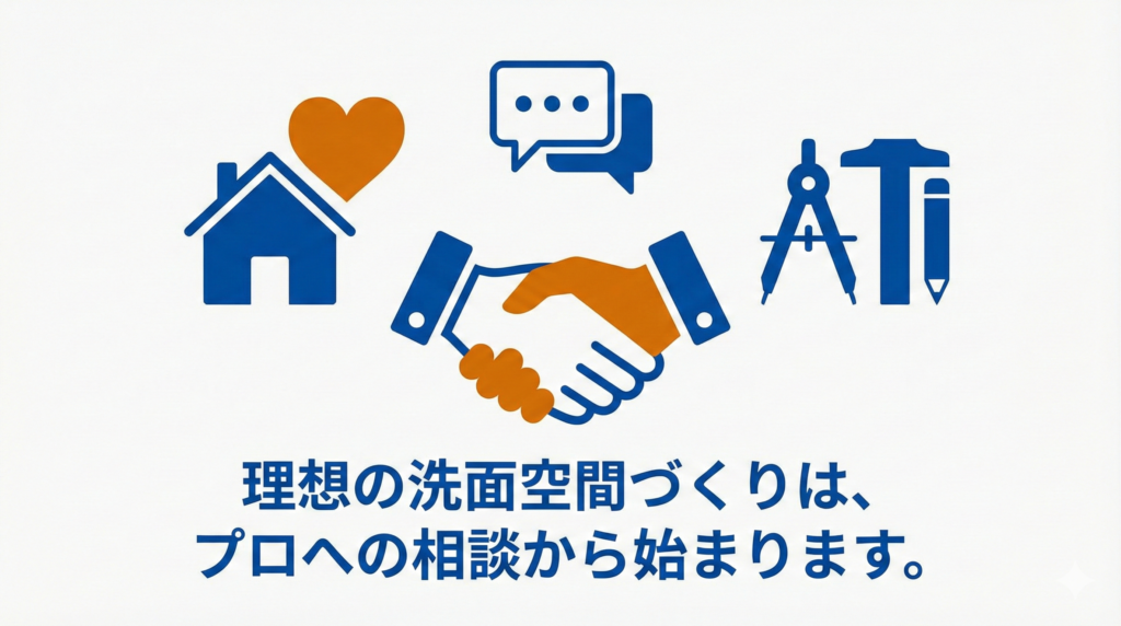 プロへの相談を促す図解。握手、家とハート、吹き出し、製図用具のアイコンと共に、「理想の洗面空間づくりは、プロへの相談から始まります。」と記載