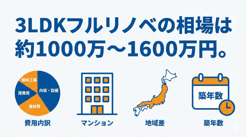 3LDKフルリノベーションの費用相場を図解したイラスト。「3LDKフルリノベの相場は約1000万〜1600万円。」というテキストと、変動要因となる費用内訳、マンション、地域差、築年数のアイコン。