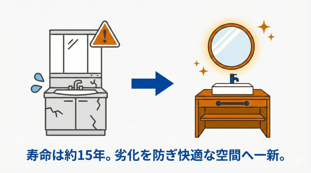 古い洗面台からおしゃれな造作洗面台へのリフォームを示すイラスト。「寿命は約15年。劣化を防ぎ快適な空間へ一新。」と記載。