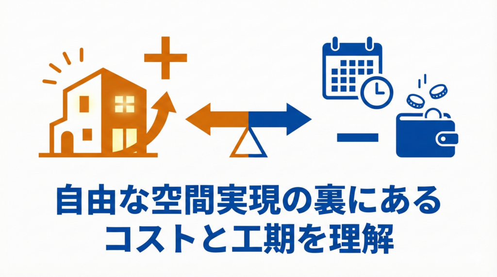 マンションのフルリノベーションにおけるメリットとデメリットのバランスを示す図解：自由な空間実現と、コスト・工期のトレードオフを表現。「自由な空間実現の裏にあるコストと工期を理解」のテキスト。