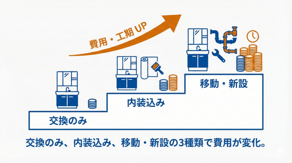洗面台リフォームの種類と費用の関係を示す階段状の図。「交換のみ」「内装込み」「移動・新設」の順に費用と工期が上がることを表現。「交換のみ、内装込み、移動・新設の3種類で費用が変化。」と記載。
