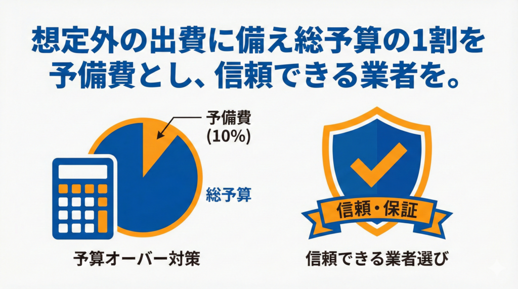 リノベーションを行う際の注意点を図解したイラスト。「想定外の出費に備え総予算の1割を予備費とし、信頼できる業者を。」というテキストとともに、予算オーバー対策を示す電卓と10%の予備費の円グラフ、信頼・保証を示すチェックマーク付きの盾のアイコンが描かれています。
