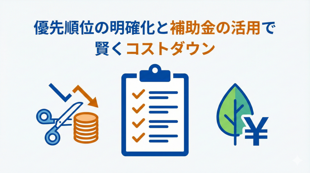 リノベーション費用を抑えるポイントの図解。「優先順位の明確化と補助金の活用で賢くコストダウン」というテキストと共に、優先順位を示すチェックリスト、コストカットを表すハサミとコイン、補助金・エコを表す葉っぱと円マークのアイコンが配置されたイラスト。