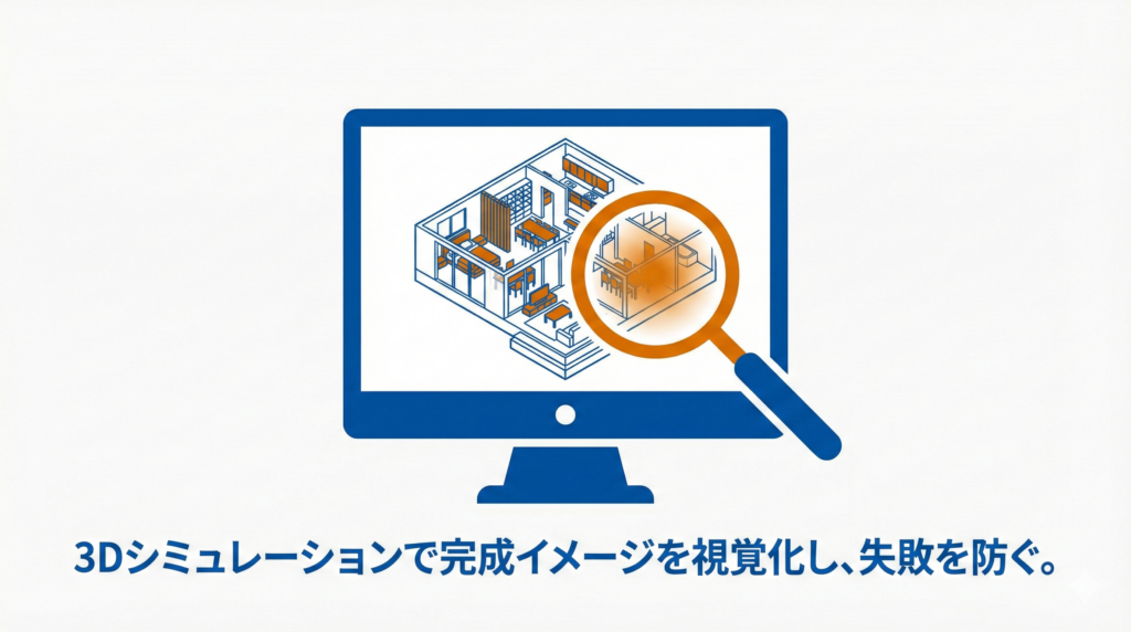 事前プランニングの手法を示す図解。パソコンのモニターに表示された立体的な間取り図(3Dモデル)を虫眼鏡で覗き込むイラストと共に、「3Dシミュレーションで完成イメージを視覚化し、失敗を防ぐ。」というテキストが記載されています。