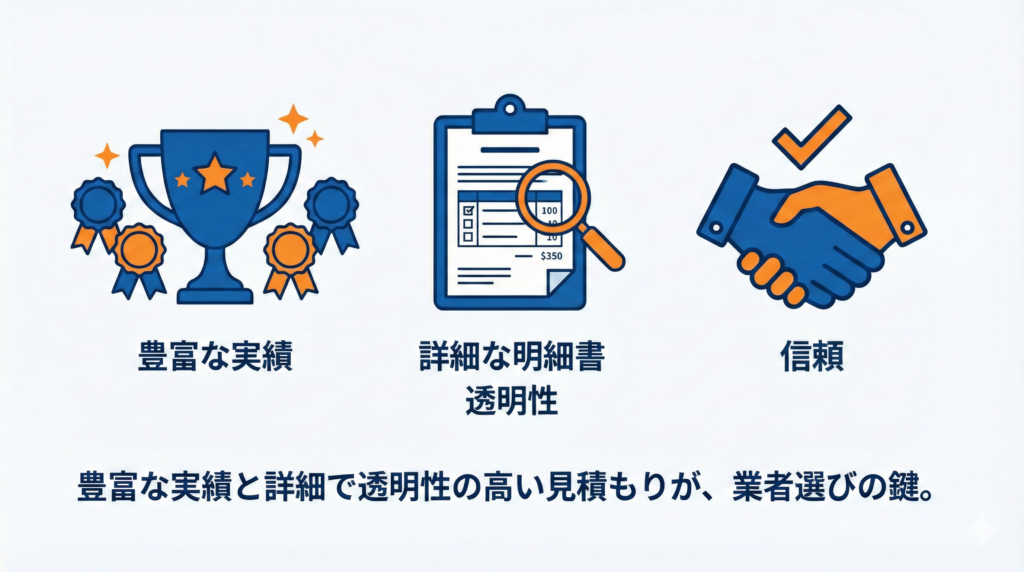 信頼できる業者の選び方を示す図解。トロフィーとメダル(豊富な実績)、虫眼鏡とバインダー(詳細な明細書・透明性)、チェックマークと握手(信頼)のイラストと共に、「豊富な実績と詳細で透明性の高い見積もりが、業者選びの鍵。」というテキストが記載されています。