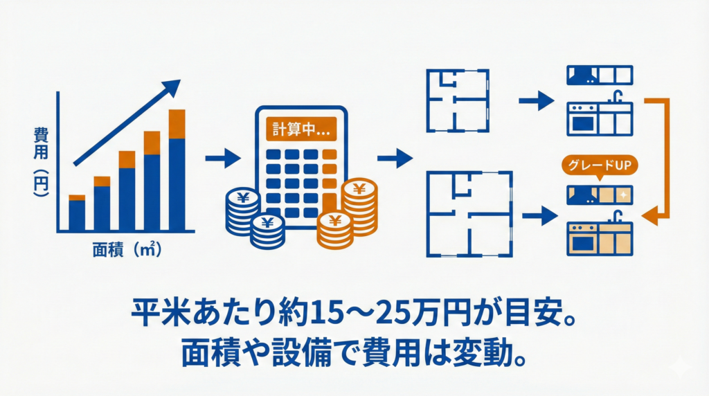 スケルトンリノベーション費用の相場を示す図解。面積に比例して上がるグラフ、計算機と硬貨、間取り図、設備のグレードアップを示すイラストと共に、「平米あたり約15〜25万円が目安。面積や設備で費用は変動。」というテキストが記載されています。