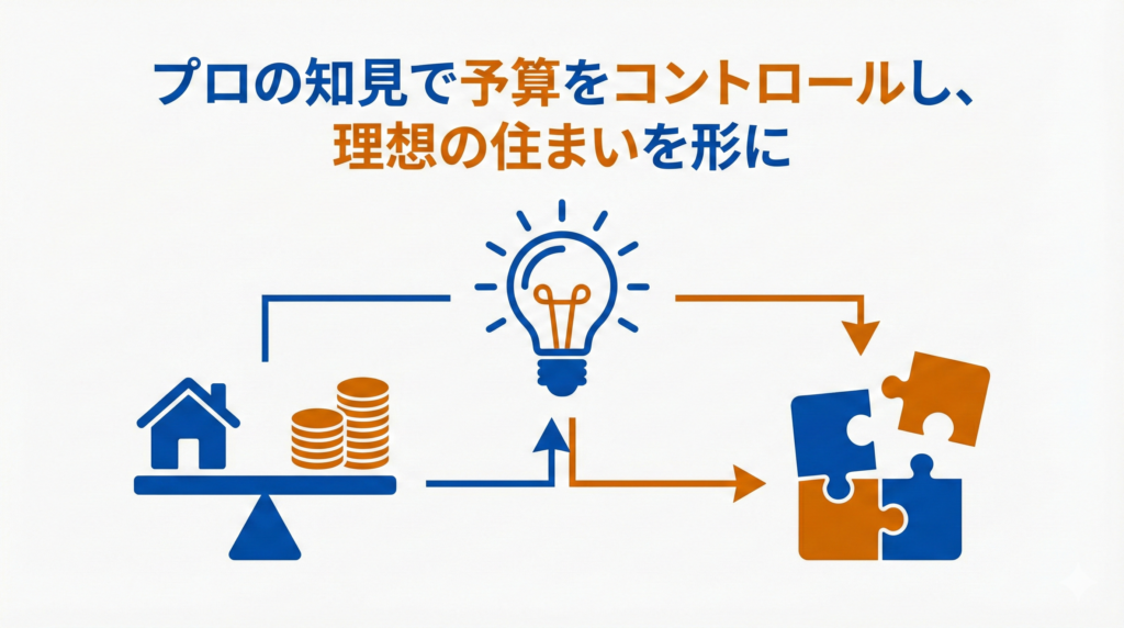 専門家への相談メリットとコストコントロールの図解。「プロの知見で予算をコントロールし、理想の住まいを形に」というテキストと共に、家と予算のバランスを示す天秤、プロの知見を表す電球、理想の実現を示すパズルピースのアイコンが矢印でつながれたイラスト。