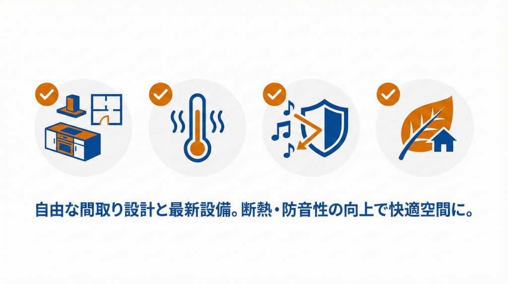 スケルトンリノベーションのメリットを示す図解。間取りとキッチン、温度計、音符を防ぐ盾、葉っぱと家の4つのチェック付きアイコンが並び、「自由な間取り設計と最新設備。断熱・防音性の向上で快適空間に。」というテキストが記載されています。