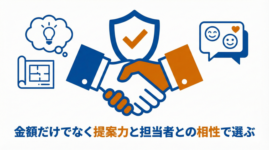 信頼できるリフォーム会社の選び方図解：握手と盾のアイコンでパートナーシップと信頼性を表現。「金額だけでなく提案力と担当者との相性で選ぶ」のテキスト。