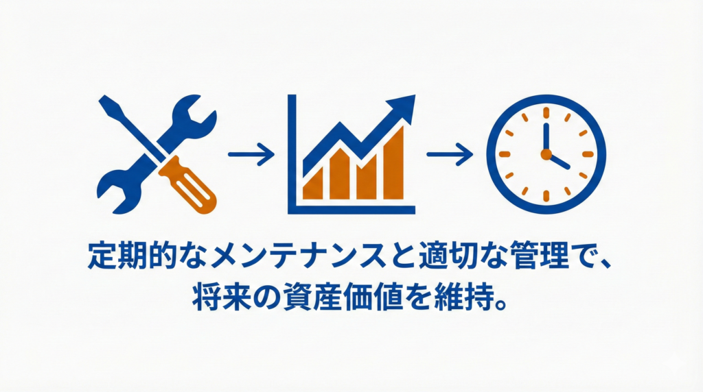 リノベーション後のメンテナンス戦略を示す図解。工具(スパナとドライバー)、右肩上がりのグラフ、時計のイラストが矢印で繋がれ、「定期的なメンテナンスと適切な管理で、将来の資産価値を維持。」というテキストが記載されています。