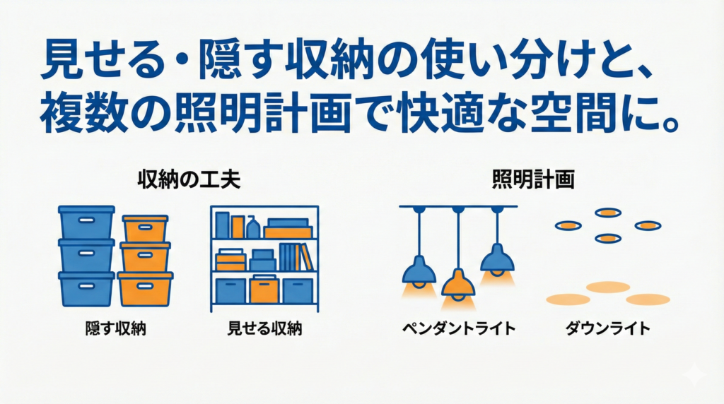 リノベーション後の快適な空間づくりを図解したイラスト。「見せる・隠す収納の使い分けと、複数の照明計画で快適な空間に。」というテキストとともに、収納の工夫(隠す収納・見せる収納)と、照明計画(ペンダントライト・ダウンライト)のアイコンが描かれています。