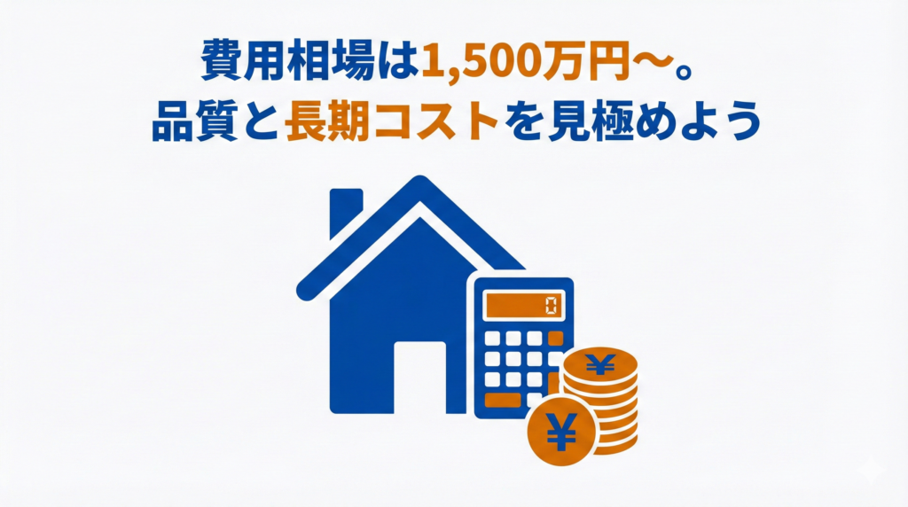 75平米マンションリノベーションの費用相場の図解。「費用相場は1,500万円〜。品質と長期コストを見極めよう」というテキストと共に、家のアイコン、電卓、円マーク(¥)のコインが配置されたイラスト。