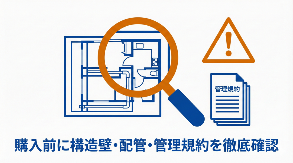 中古マンションリノベーションの注意点図解：図面を調べる虫眼鏡と注意マーク、管理規約の書類。「購入前に構造壁・配管・管理規約を徹底確認」のテキスト。