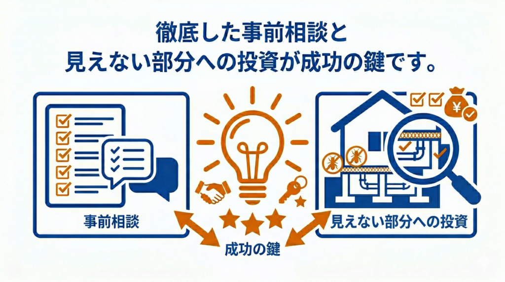 リフォーム成功の秘訣を示す図解。上部に「徹底した事前相談と見えない部分への投資が成功の鍵です。」と記載されています。左側にはチェックリストと対話のアイコンで「事前相談」、右側には家の床下や配管を虫眼鏡で確認しシロアリ対策などを行う「見えない部分への投資」が描かれています。この2つの要素から中央の「成功の鍵」（光る電球と握手のアイコン）へ矢印が向かっており、両者が不可欠であることを示しています。