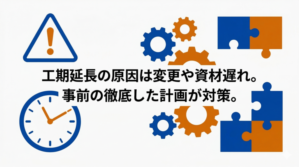 工期が延びる原因とその対策を示す図解。警告マーク、時計、歯車、パズルピースのアイコンと共に「工期延長の原因は変更や資材遅れ。事前の徹底した計画が対策。」と記載されています。