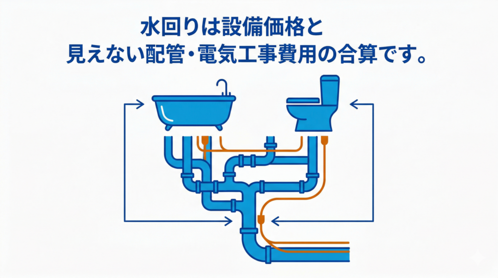 「水回りは設備価格と見えない配管・電気工事費用の合算です。」というテキストを説明するインフォグラフィック。上部のバスタブとトイレ（設備）から、下部の複雑な配管と電気配線のイラストへ矢印が伸び、費用が合計される様子を示している。