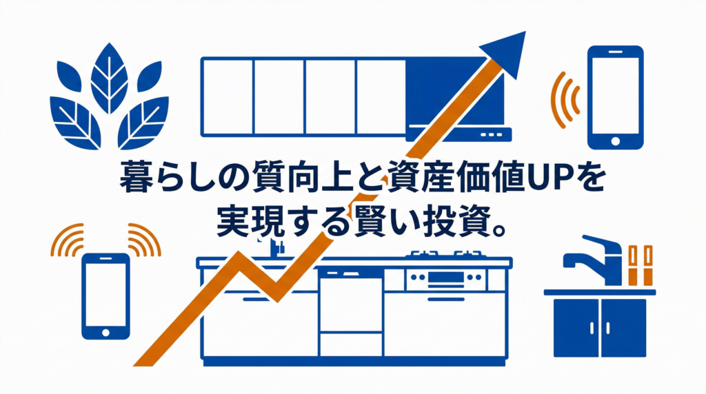 暮らしの質向上と資産価値UPを実現する賢い投資。」と記載された、キッチンリフォームのメリット(エコ、スマート化、資産価値向上など)を表す図解イラスト