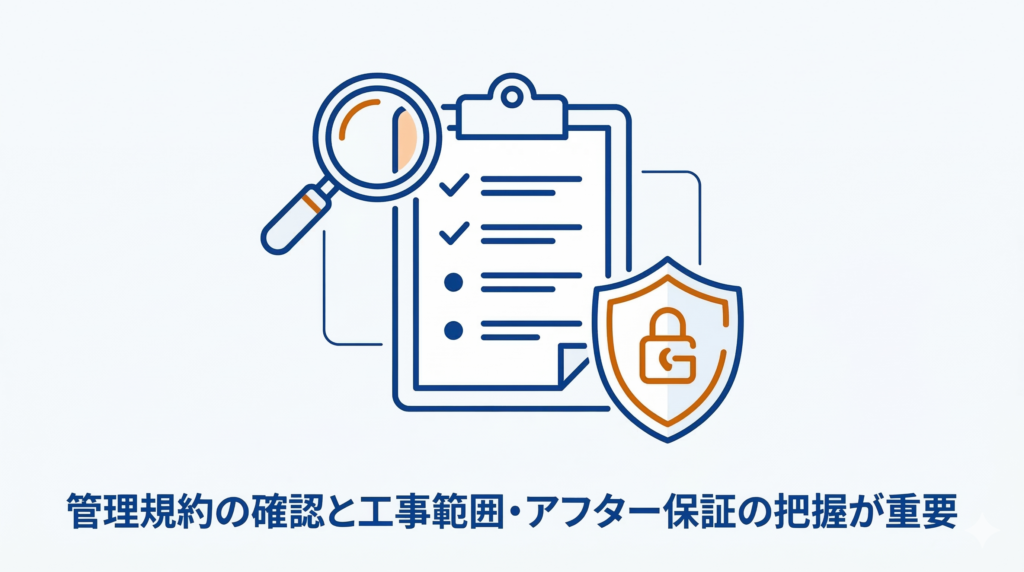 「管理規約の確認と工事範囲・アフター保証の把握が重要」のイラスト図解。クリップボードのチェックリスト、虫眼鏡、盾（保証）のアイコンが描かれています。