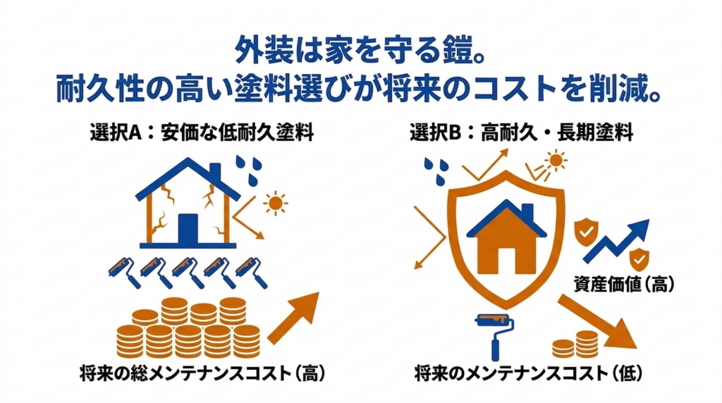 外装塗料の耐久性と将来コストの比較図。「外装は家を守る鎧。耐久性の高い塗料選びが将来のコストを削減。」という見出しの下に2つの選択肢が描かれています。左の「選択A：安価な低耐久塗料」は家がひび割れ、塗り替え回数と将来の総メンテナンスコストが高いことを示しています。右の「選択B：高耐久・長期塗料」は家が盾で守られ、資産価値が高く、将来のメンテナンスコストが抑えられることを示しています。