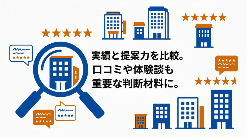 「実績と提案力を比較。口コミや体験談も重要な判断材料に。」と記載された、リフォーム業者選びにおける実績比較や口コミ確認の重要性を表す図解イラスト