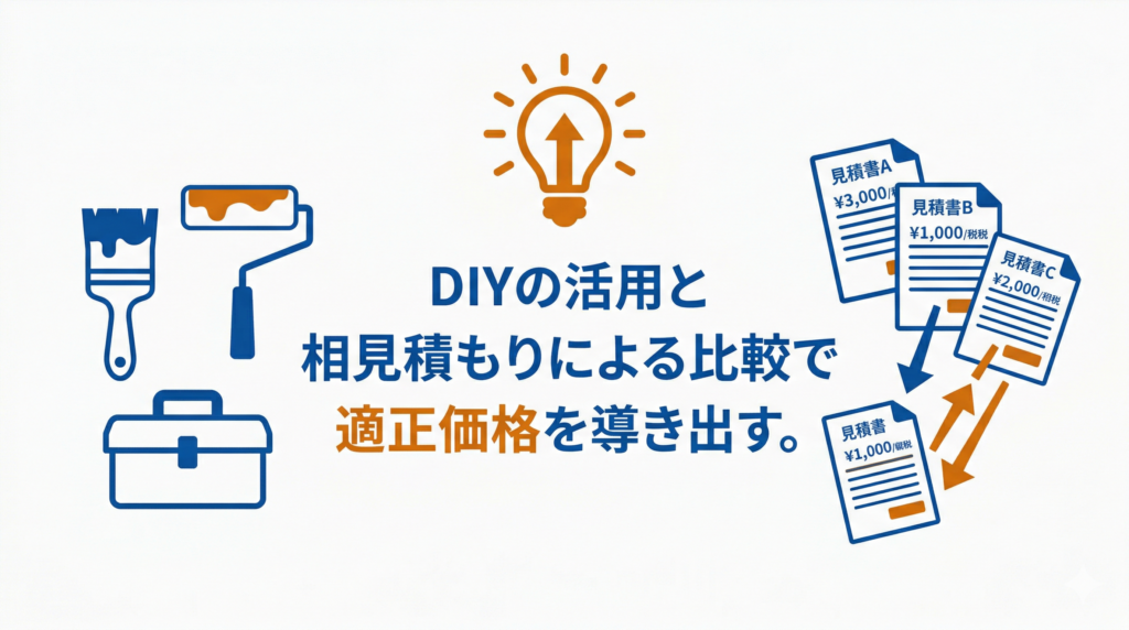 「DIYの活用と相見積もりによる比較で適正価格を導き出す。」と記載された、リフォーム費用を抑える工夫(DIY、相見積もり)を表す図解イラスト