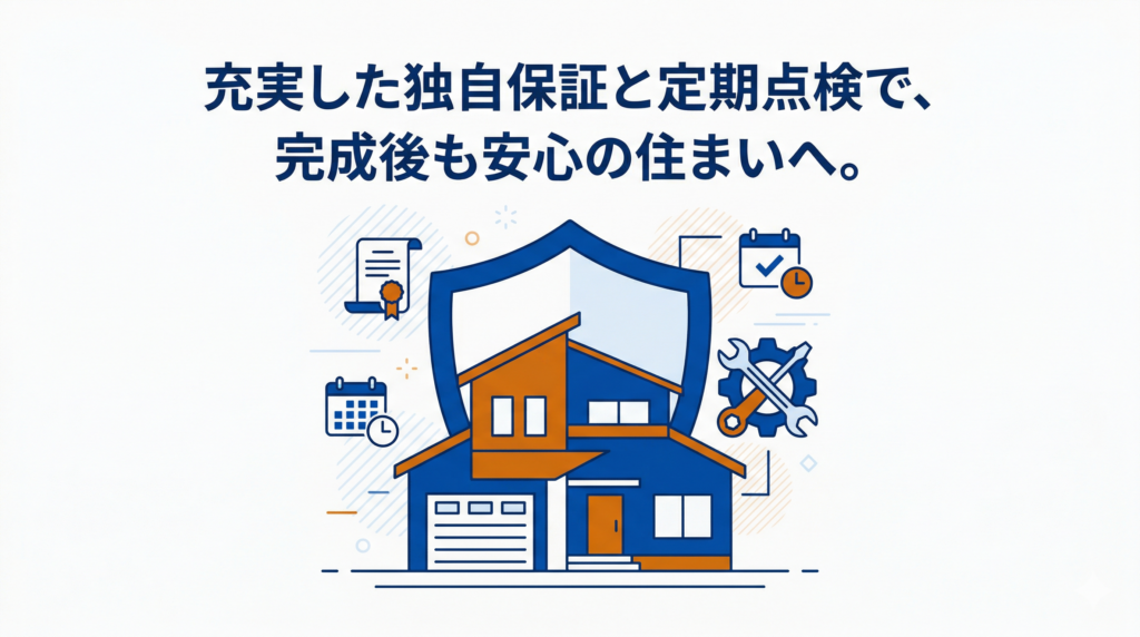 「充実した独自保証と定期点検で、完成後も安心の住まいへ。」と記載された、リフォーム後のアフターフォロー(保証とメンテナンス)の重要性を表す図解イラスト