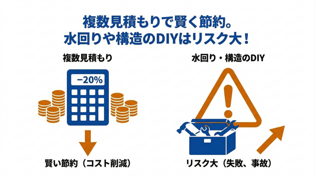 リフォームに関する比較インフォグラフィック。中央上部に「複数見積もりで賢く節約。水回りや構造のDIYはリスク大！」というタイトルがある。左側は「複数見積もり」を推奨する内容で、コインの山に囲まれた「-20%」と表示された青い電卓と、その下にコスト削減を示す下向きのオレンジ色の矢印「賢い節約（コスト削減）」が描かれている。右側はDIYの危険性を警告する内容で、工具箱と大きなオレンジ色の三角形の警告マーク（！）、その下にリスク増大を示す上向きのオレンジ色の矢印「リスク大（失敗、事故）」が描かれている。