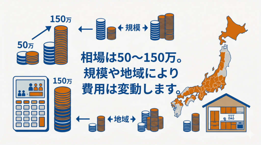 「相場は50〜150万。規模や地域により費用は変動します。」と記載された、キッチンリフォームの費用相場と変動要因を表す図解イラスト