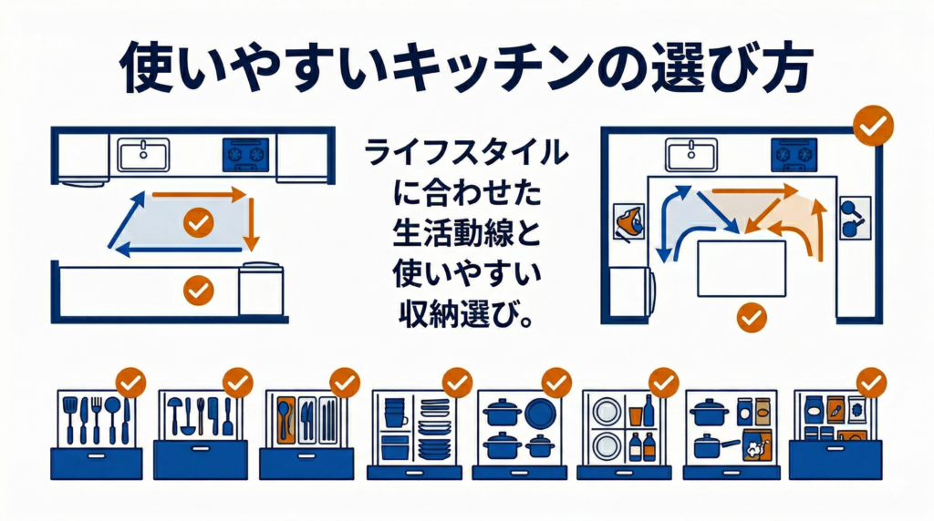 「使いやすいキッチンの選び方 ライフスタイルに合わせた生活動線と使いやすい収納選び。」と記載された、キッチンの動線と収納選びのポイントを表す図解イラスト