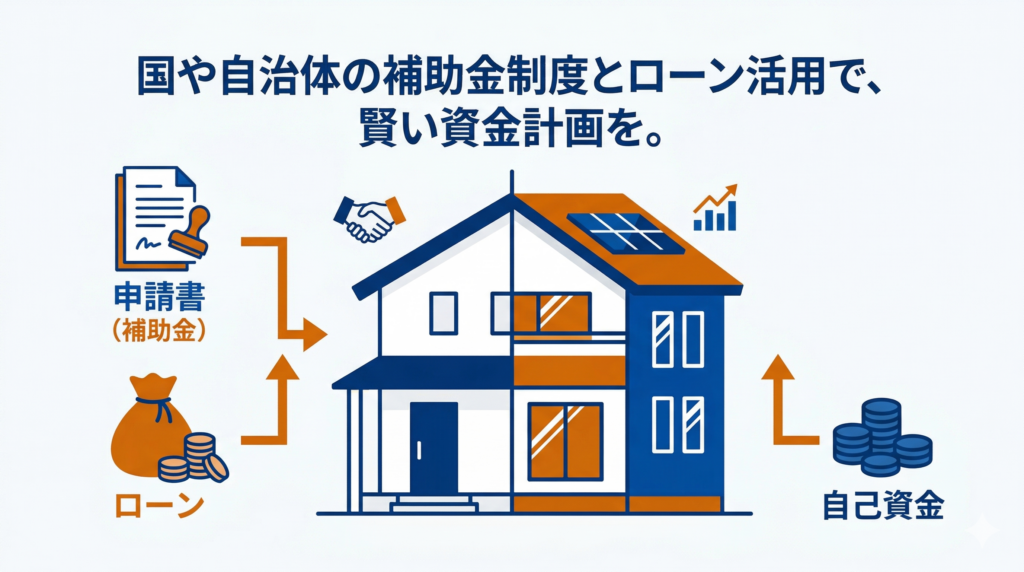 住宅リフォームの資金計画を示すインフォグラフィック。「国や自治体の補助金制度とローン活用で、賢い資金計画を。」という見出しの下に、リフォーム前後を表す家のイラストが中央に配置されています。左側からは「申請書（補助金）」と「ローン」、右側からは「自己資金」のアイコンから家に向かって矢印が伸びており、これらを組み合わせて資金調達する様子を描いています。