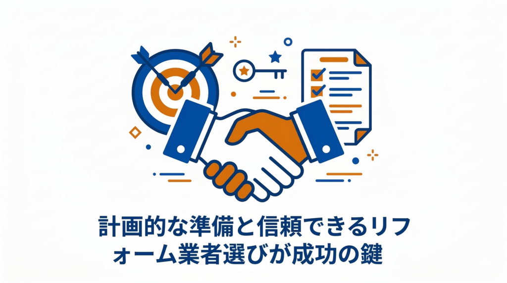 「計画的な準備と信頼できるリフォーム業者選びが成功の鍵」のまとめイラスト。握手のアイコンを中心に、ダーツの的（目標）とチェック済みリスト（計画）が描かれています。