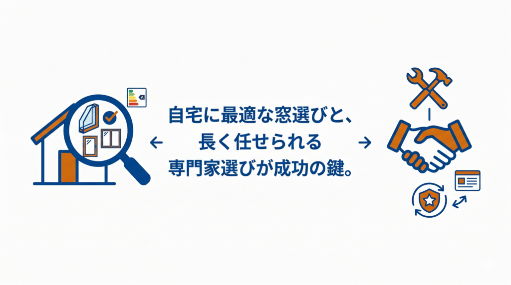 窓リノベ成功のためのポイント図解。自宅に最適な窓選びと、長く任せられる専門家選びが鍵であることを、虫眼鏡、工具（スパナ）、握手のアイコンとともに示しています。