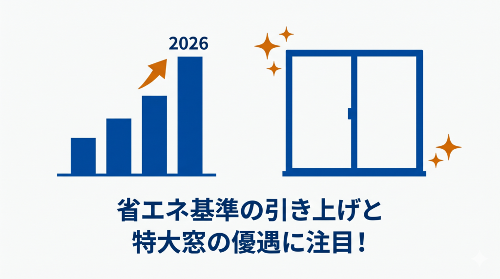 「省エネ基準の引き上げと特大窓の優遇に注目！」というテキストと、上昇する棒グラフ、キラキラと輝く大きな窓のイラスト
