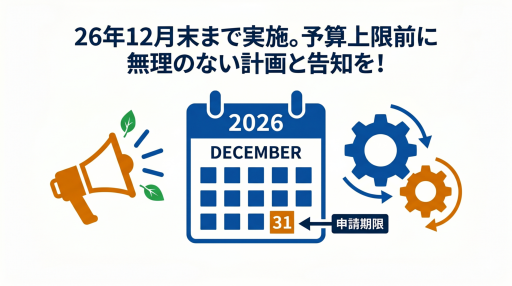 事業の実施期間とスケジュール：メガホン、2026年12月のカレンダー、進行を表す歯車のイラスト。「26年12月末まで実施。予算上限前に無理のない計画と告知を！」のテキスト