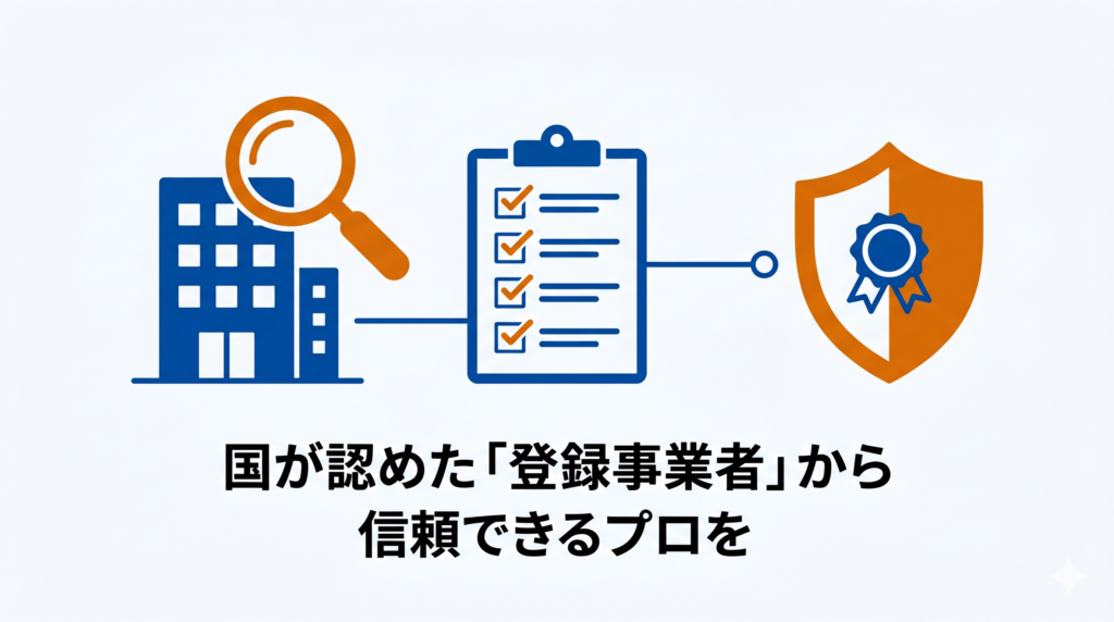 「国が認めた「登録事業者」から信頼できるプロを」というテキストと、ビルと虫眼鏡、チェックリスト、信頼を示す盾のマークのイラスト