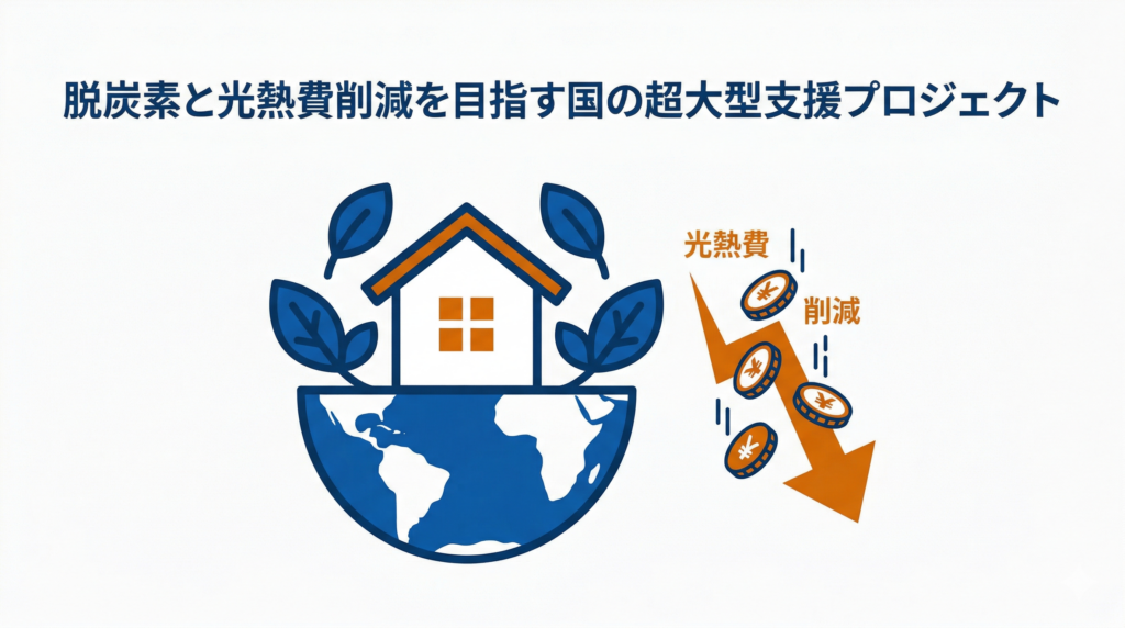 「脱炭素と光熱費削減を目指す国の超大型支援プロジェクト」と書かれた、地球の上に建つエコ住宅と光熱費の削減を示すイラスト