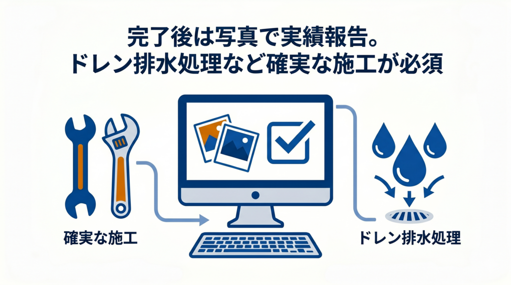 申請後の手続きと注意点：工具、実績報告用のパソコン、ドレン排水のイラスト。「完了後は写真で実績報告。ドレン排水処理など確実な施工が必須」のテキスト