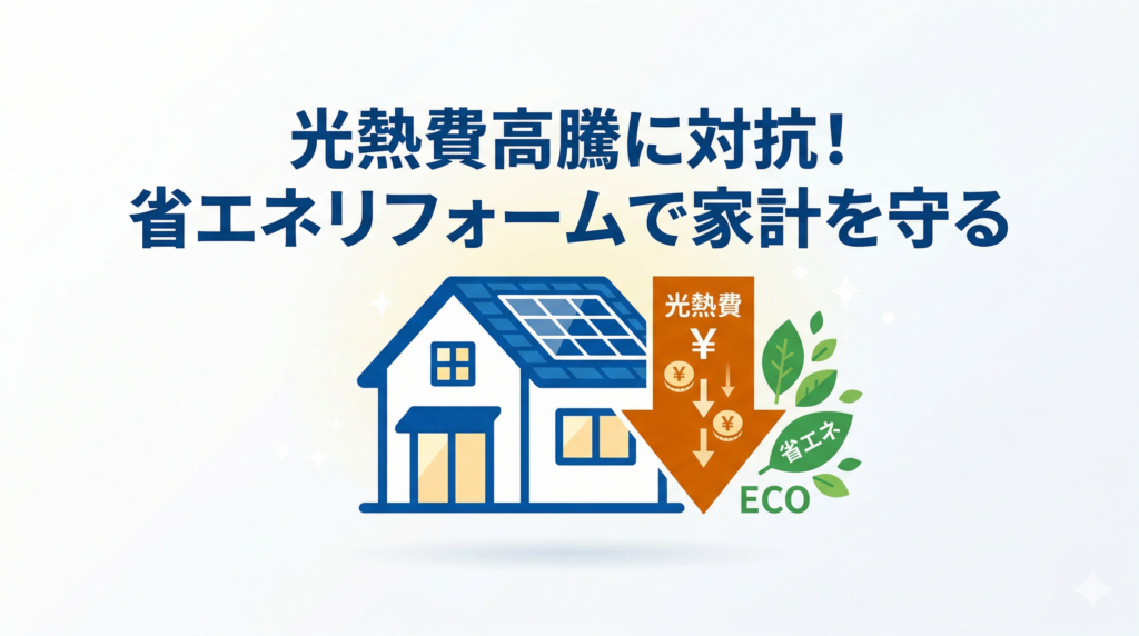 「光熱費高騰に対抗！省エネリフォームで家計を守る」というテキストと、住宅・コスト削減を示す下向き矢印・エコを象徴する葉っぱのアイコン図解