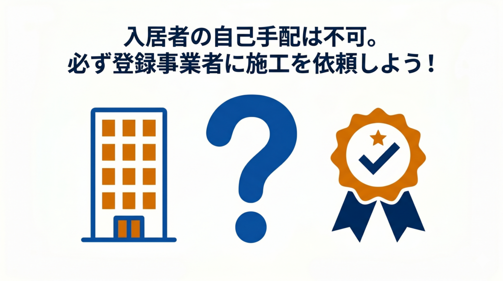 よくある質問（FAQ）：アパート、クエスチョンマーク、認可を示すリボン付きバッジのイラスト。「入居者の自己手配は不可。必ず登録事業者に施工を依頼しよう！」のテキスト