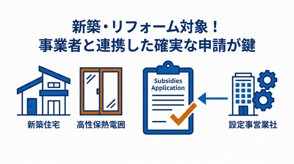 「新築・リフォーム対象！事業者と連携した確実な申請が鍵」と書かれた、住宅、断熱窓、承認済みの申請書類のイラスト