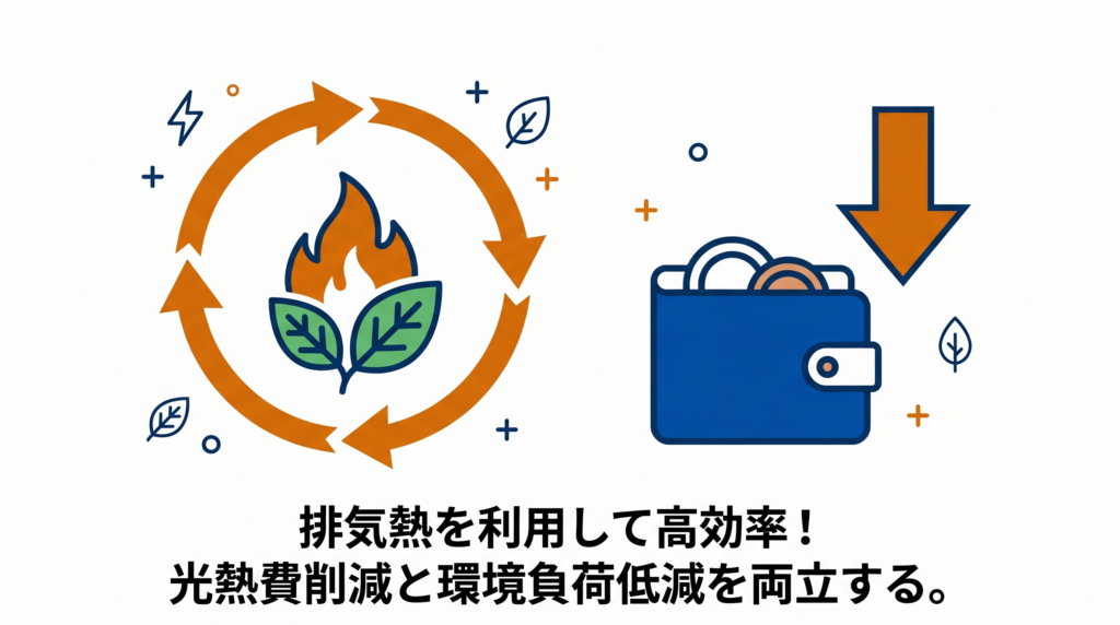 エコジョーズ・エコフィールの特長：炎とリサイクル矢印、財布とコストダウンを示す下向き矢印のイラスト。「排気熱を利用して高効率！光熱費削減と環境負荷低減を両立する。」のテキスト